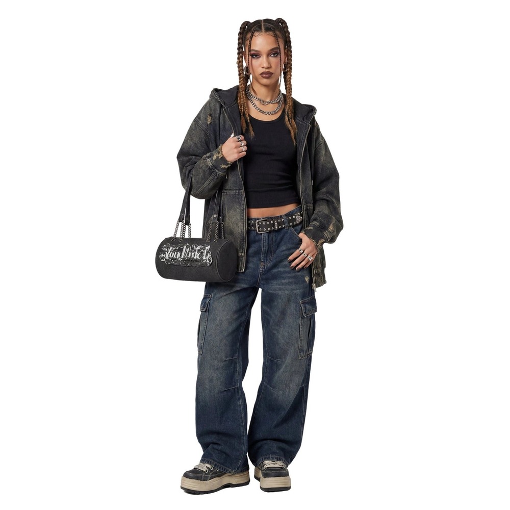 Von Dutch Barrel Bag Small Black Denim Excellent Y2K Style Frayed Logo Chain